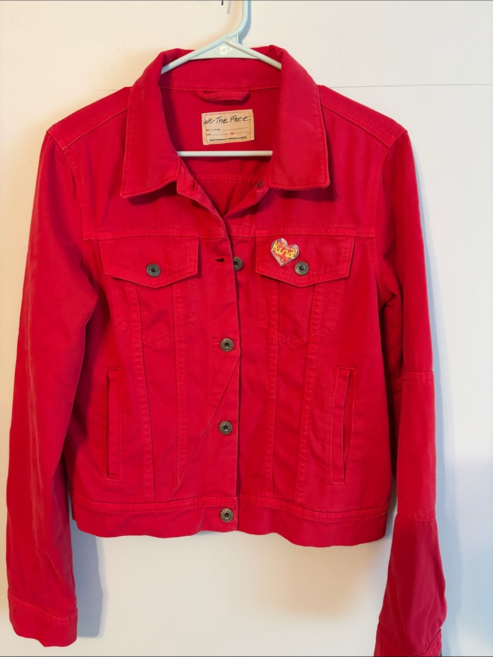 We The Free deep classic Red Denim Jacket with kind Heart Pin. Med.